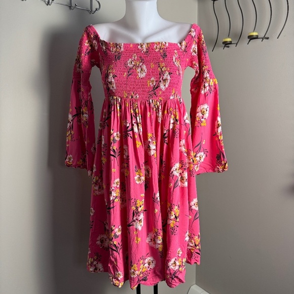 Torrid 00 Women's Pink Floral Off-Shoulder Mini Fit & Flare Dress M/L Summer - Picture 1 of 12